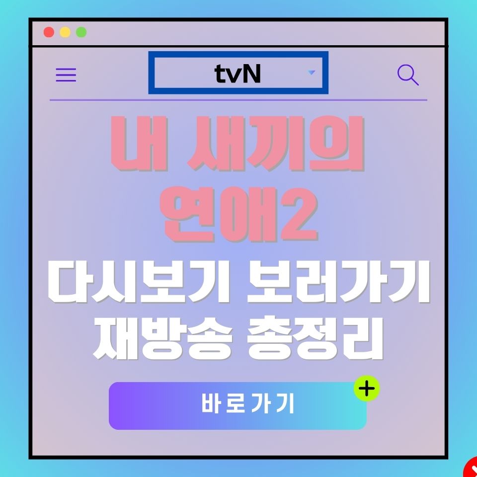 tvN '내 새끼의 연애2' 다시보기 광고 이미지. 재방송 총정리, 바로가기 버튼 포함.
